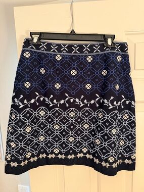 LOFT Navy and White Embroidered A-Line Skirt